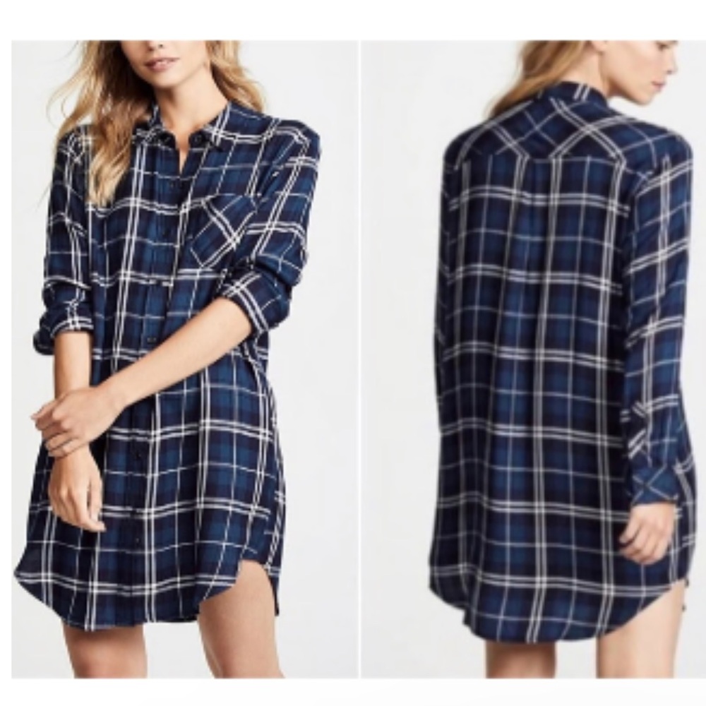 Rails Bianca Shirtdress Women's Small Flannel Tinsel Plaid Navy Almond Button Up